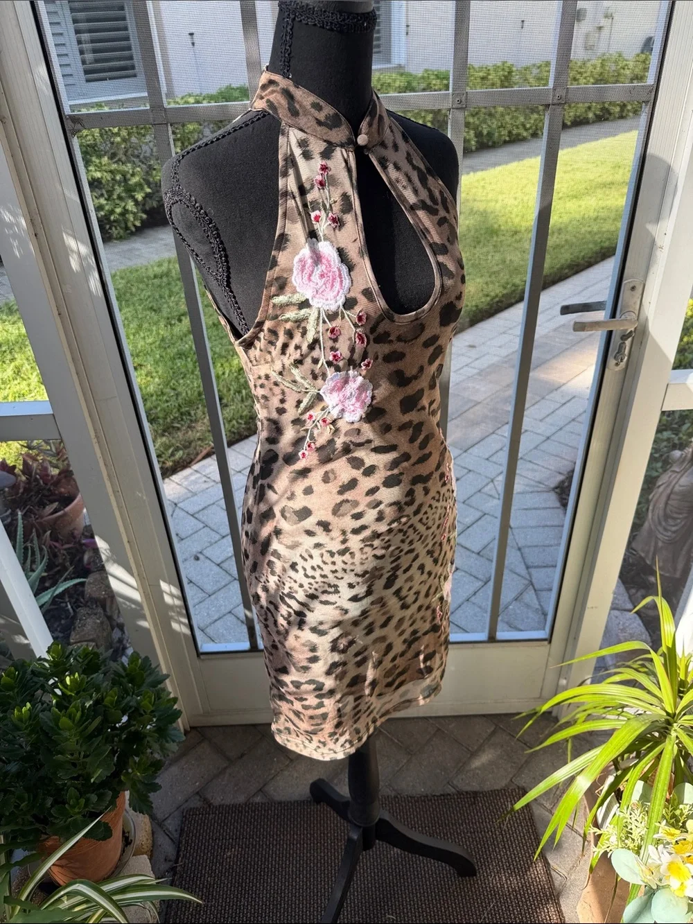 Leopard Print Halter Body Con Dress with Pink Floral Embroidery